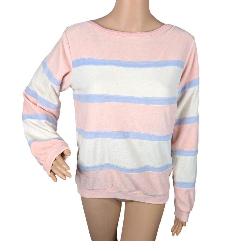 Vintage 80s Goolagong Pastel Pink Striped Cotton Velour Boatneck Sweatshirt S